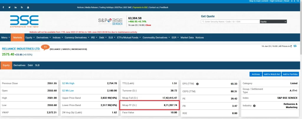 image showing how to find free float market capitalization of reliance industries ltd in bse.