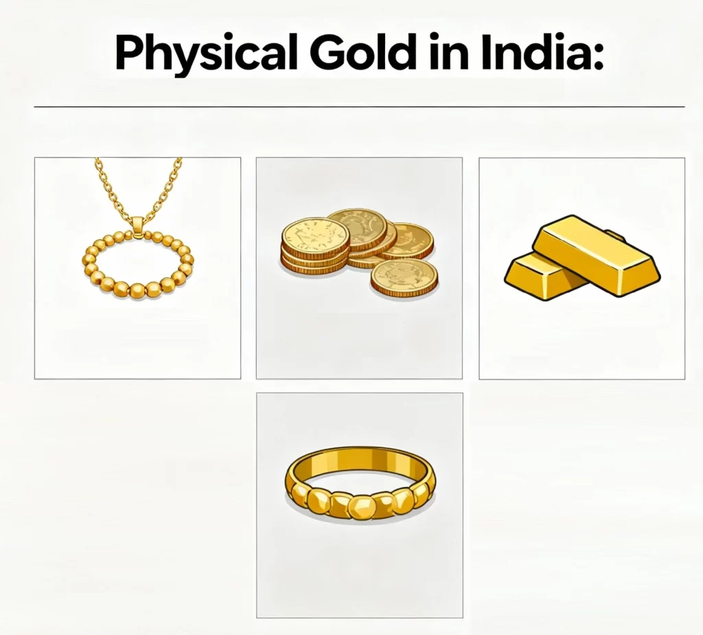 different type of physical gold in india, coin,jewelery and gold bar